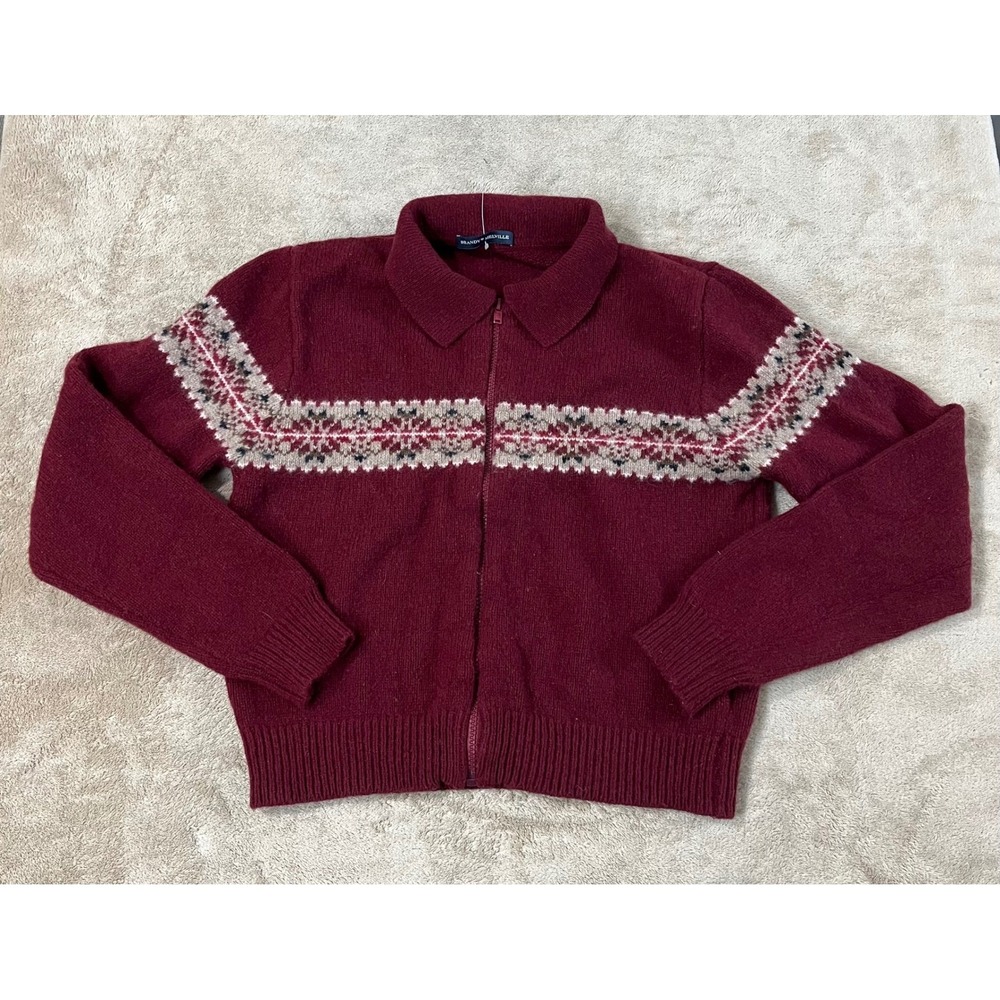 Brandy Melville Paola Wool Zip-Up Sweater Burgundy One Size Fair isle Knit EUC